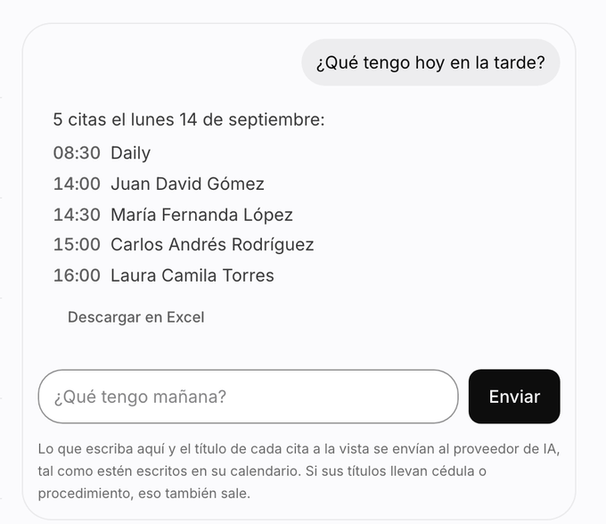 El asistente de agenda de Be HumAIn contestando «¿Qué tengo hoy en la tarde?» con las cinco citas del día, hora por hora, y un enlace para descargarlas en Excel.