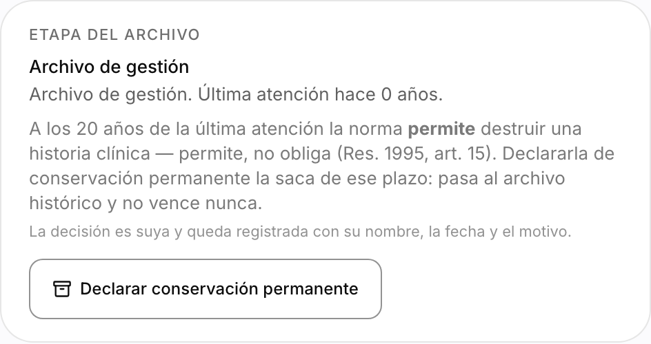 El bloque «Etapa del archivo» del expediente en Be HumAIn: explica que a los 20 años la Resolución 1995 artículo 15 permite destruir una historia clínica pero no obliga, y ofrece el botón «Declarar conservación permanente».